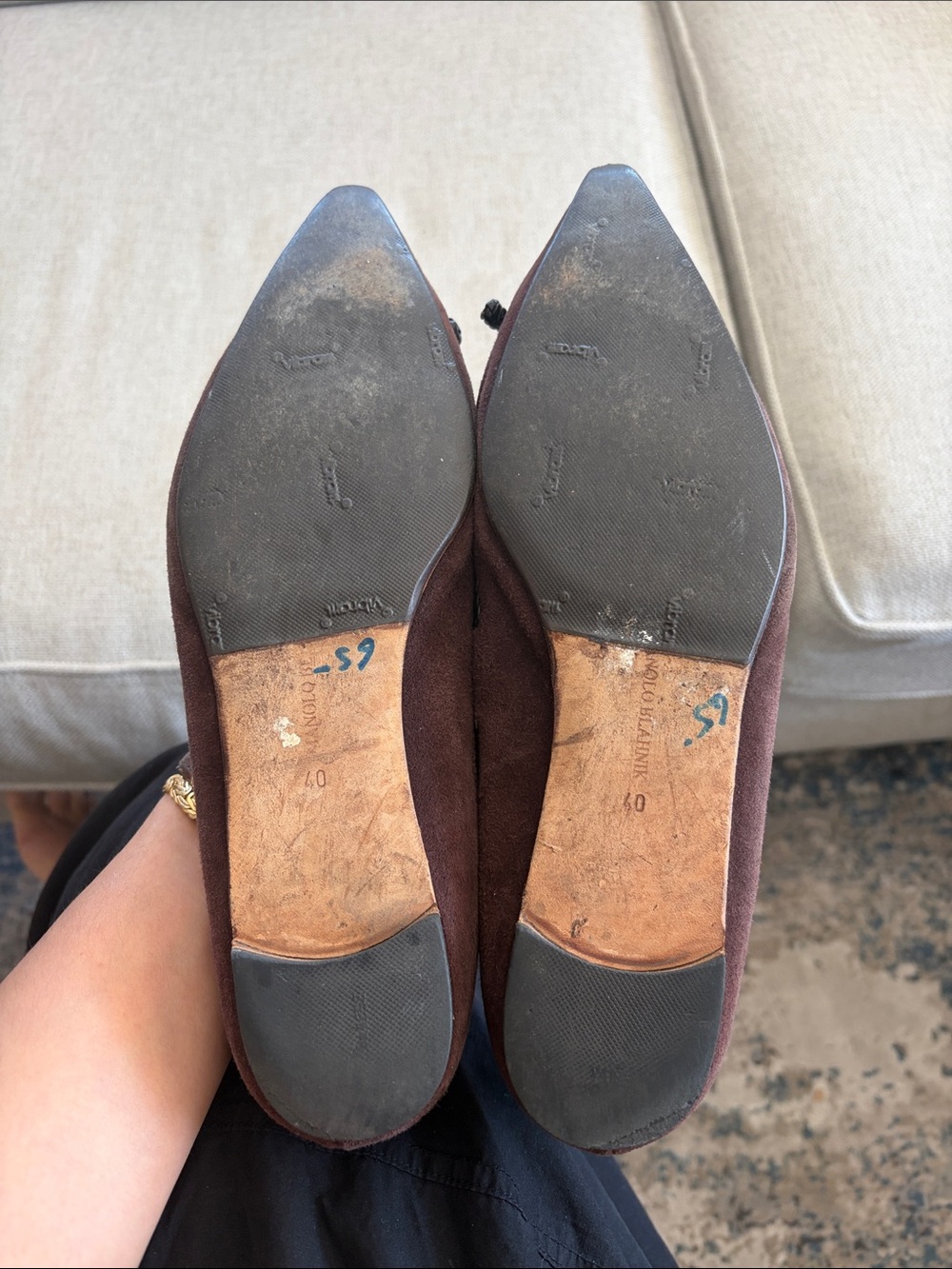 Manolo Blahnik Dark Brown Suede Pointed-Toe Flats with Braided Trim - Picture 7 of 9